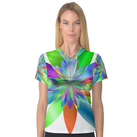 Chromatic Flower Variation Star Rainbow Women s V-neck Sport Mesh Tee by Alisyart