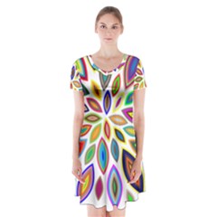 Chromatic Flower Petals Rainbow Short Sleeve V-neck Flare Dress