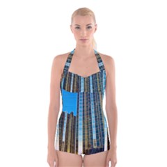Two Abstract Architectural Patterns Boyleg Halter Swimsuit 