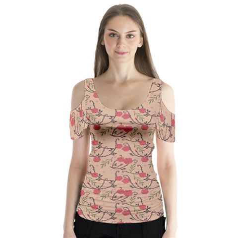 Vintage Flower Pattern  Butterfly Sleeve Cutout Tee  by TastefulDesigns