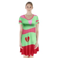 Money Green Pink Red Broken Heart Dollar Sign Short Sleeve V-neck Flare Dress