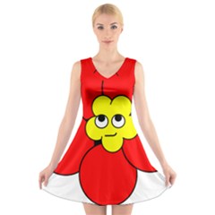 Poppy Smirk Face Flower Red Yellow V-neck Sleeveless Skater Dress