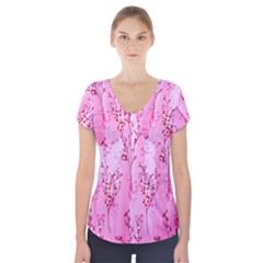 Pink Curtains Background Short Sleeve Front Detail Top by Simbadda