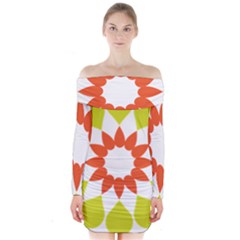 Tikiwiki Abstract Element Flower Star Red Green Long Sleeve Off Shoulder Dress by Alisyart