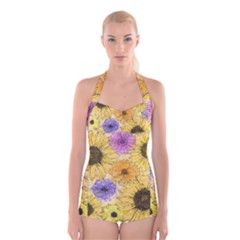 Multi Flower Line Drawing Boyleg Halter Swimsuit  by Simbadda