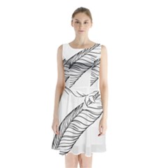 Feather Line Art Sleeveless Chiffon Waist Tie Dress