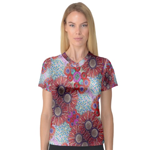 Floral Flower Wallpaper Created From Coloring Book Colorful Background Women s V-neck Sport Mesh Tee by Simbadda