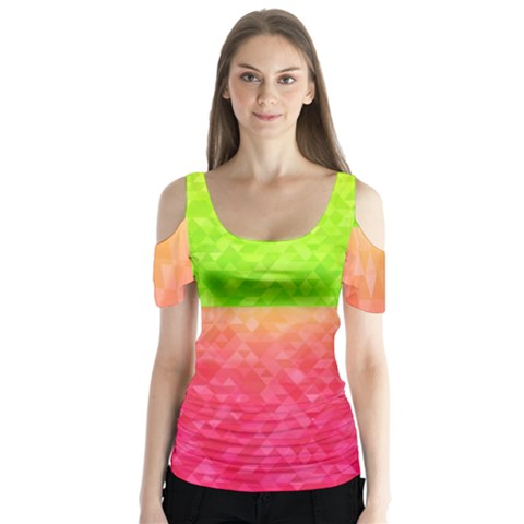 Colorful Abstract Triangles Pattern  Butterfly Sleeve Cutout Tee  by TastefulDesigns