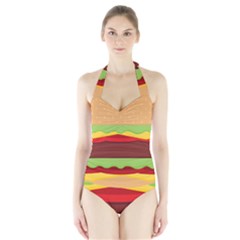 Vector Burger Time Background Halter Swimsuit by Simbadda
