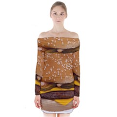 Cheeseburger On Sesame Seed Bun Long Sleeve Off Shoulder Dress by Simbadda