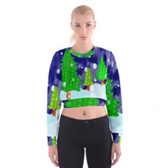 Christmas Trees And Snowy Landscape Women s Cropped Sweatshirt by Simbadda