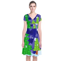 Christmas Trees And Snowy Landscape Short Sleeve Front Wrap Dress