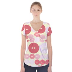 Buttons Pink Red Circle Scrapboo Short Sleeve Front Detail Top by Alisyart