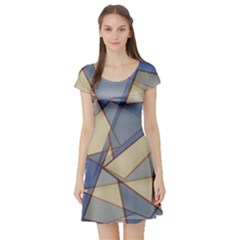 Blue And Tan Triangles Intertwine Together To Create An Abstract Background Short Sleeve Skater Dress by Simbadda