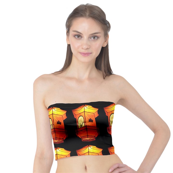 Paper Lanterns Pattern Background In Fiery Orange With A Black Background Tube Top