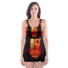 Paper Lanterns Pattern Background In Fiery Orange With A Black Background Skater Dress Swimsuit by Simbadda