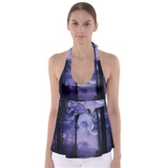 Moonlit A Forest At Night With A Full Moon Babydoll Tankini Top by Simbadda