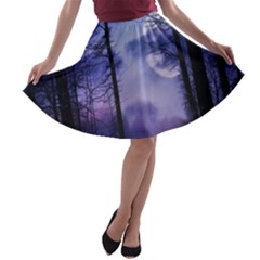 Moonlit A Forest At Night With A Full Moon A-line Skater Skirt by Simbadda