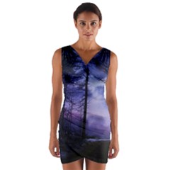 Moonlit A Forest At Night With A Full Moon Wrap Front Bodycon Dress by Simbadda