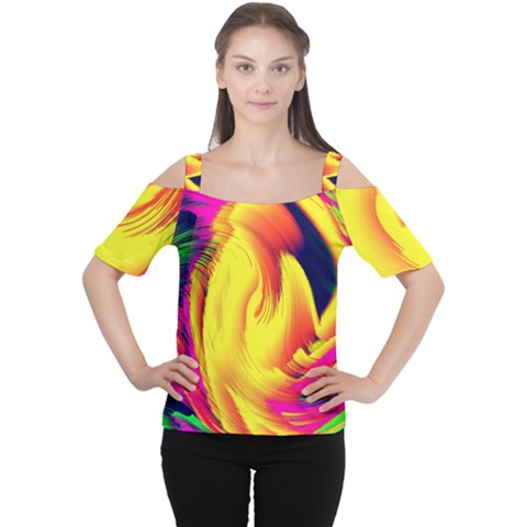 Stormy Yellow Wave Abstract Paintwork Women s Cutout Shoulder Tee by Simbadda