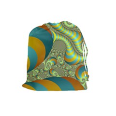 Gold Blue Fractal Worms Background Drawstring Pouches (large)  by Simbadda