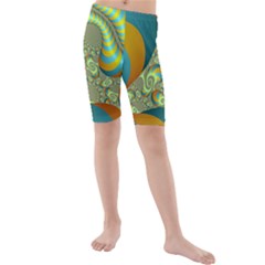 Gold Blue Fractal Worms Background Kids  Mid Length Swim Shorts by Simbadda