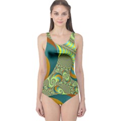 Gold Blue Fractal Worms Background One Piece Swimsuit by Simbadda