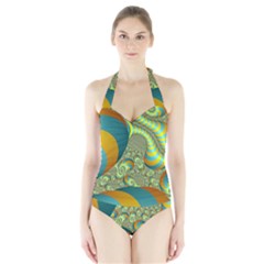 Gold Blue Fractal Worms Background Halter Swimsuit by Simbadda