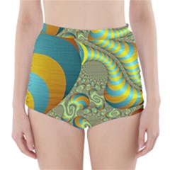 Gold Blue Fractal Worms Background High-waisted Bikini Bottoms by Simbadda