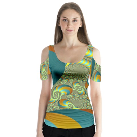 Gold Blue Fractal Worms Background Butterfly Sleeve Cutout Tee  by Simbadda