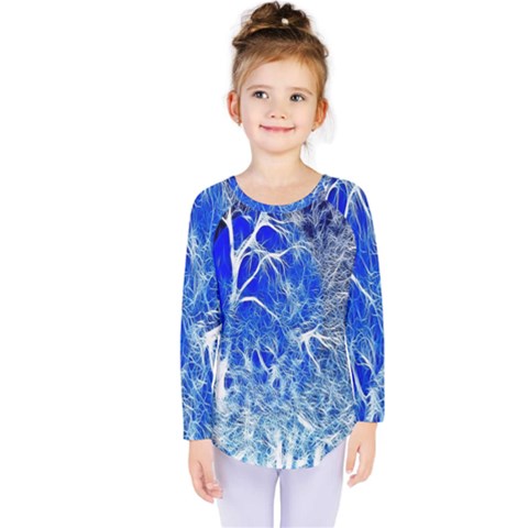 Winter Blue Moon Fractal Forest Background Kids  Long Sleeve Tee by Simbadda