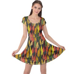 Colorful Leaves Yellow Red Green Grey Rainbow Leaf Cap Sleeve Dresses