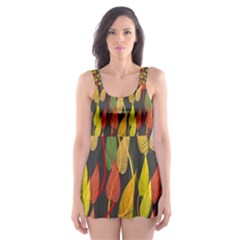 Colorful Leaves Yellow Red Green Grey Rainbow Leaf Skater Dress Swimsuit