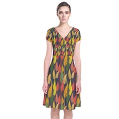 Colorful Leaves Yellow Red Green Grey Rainbow Leaf Short Sleeve Front Wrap Dress