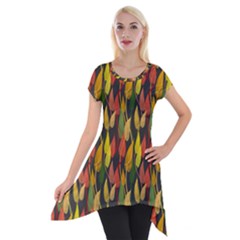 Colorful Leaves Yellow Red Green Grey Rainbow Leaf Short Sleeve Side Drop Tunic