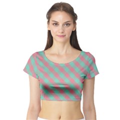 Cross Pink Green Gingham Digital Paper Short Sleeve Crop Top (tight Fit)