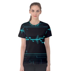 Blue Aqua Digital Art Circuitry Gray Black Artwork Abstract Geometry Women s Cotton Tee