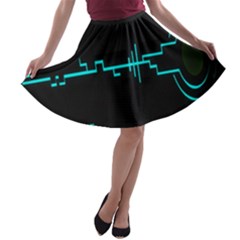 Blue Aqua Digital Art Circuitry Gray Black Artwork Abstract Geometry A-line Skater Skirt by Simbadda