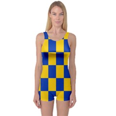 Flag Plaid Blue Yellow One Piece Boyleg Swimsuit by Alisyart