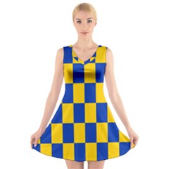 Flag Plaid Blue Yellow V-neck Sleeveless Skater Dress