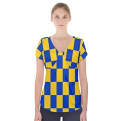 Flag Plaid Blue Yellow Short Sleeve Front Detail Top by Alisyart