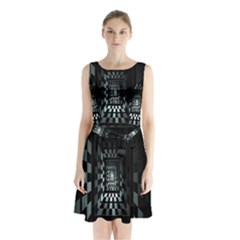 Optical Illusion Square Abstract Geometry Sleeveless Chiffon Waist Tie Dress by Simbadda