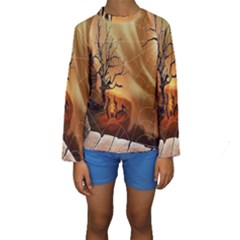 Digital Art Nature Spider Witch Spiderwebs Bricks Window Trees Fire Boiler Cliff Rock Kids  Long Sleeve Swimwear by Simbadda