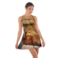 Digital Art Nature Spider Witch Spiderwebs Bricks Window Trees Fire Boiler Cliff Rock Cotton Racerback Dress by Simbadda