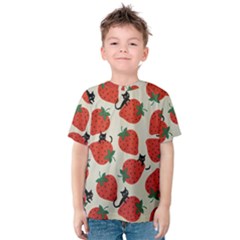 Fruit Strawberry Red Black Cat Kids  Cotton Tee