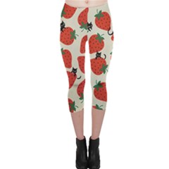 Fruit Strawberry Red Black Cat Capri Leggings 