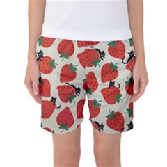 Fruit Strawberry Red Black Cat Women s Basketball Shorts