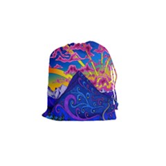 Psychedelic Colorful Lines Nature Mountain Trees Snowy Peak Moon Sun Rays Hill Road Artwork Stars Drawstring Pouches (small)  by Simbadda