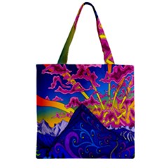 Psychedelic Colorful Lines Nature Mountain Trees Snowy Peak Moon Sun Rays Hill Road Artwork Stars Zipper Grocery Tote Bag by Simbadda