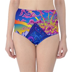 Psychedelic Colorful Lines Nature Mountain Trees Snowy Peak Moon Sun Rays Hill Road Artwork Stars High-waist Bikini Bottoms by Simbadda